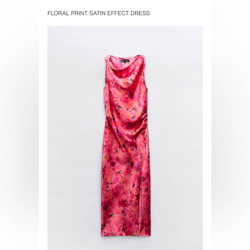 Zara Pink Floral Satin-Effect Midi Dress